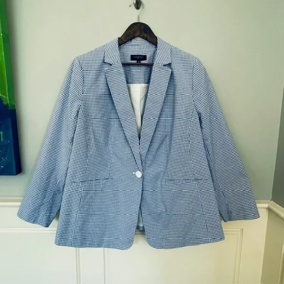 Talbots One Button Gingham Blazer Jacket Coastal Spring Summer Blue & White 16W - Picture 4 of 10
